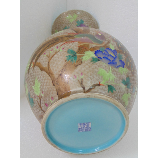 多様な 陶芸 青花磁 施釉陶 磁器【清代の粉彩花鳥紋双龍耳瓢瓶です